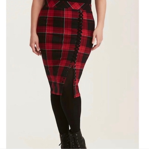 torrid Dresses & Skirts - TORRID Red & Black Plaid Ponte Lace Up Pencil Skirt Woman’s Size 0 (Large)